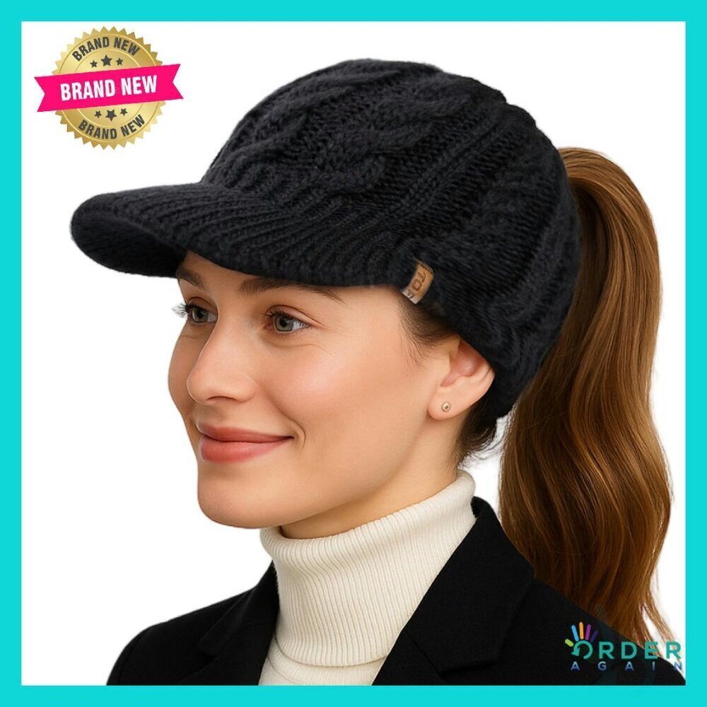 Merino Wool Visor Beanie Fleece Lined Ponytail Hat Winter Warm Windproof